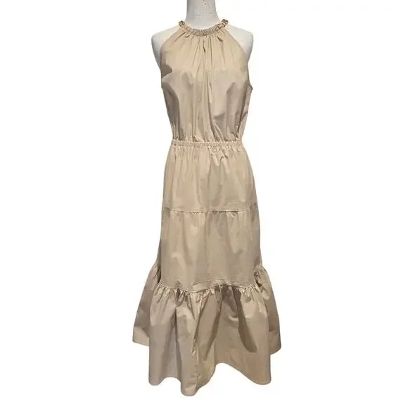 Michael Kors Khaki Gold Chain Halter Organic Stretch Cotton Midi Dress Tiered - Picture 2 of 10